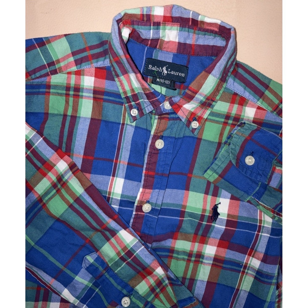 Polo Ralph Lauren Boys Plaid Button Down Medium 10/12 Blue Green Red